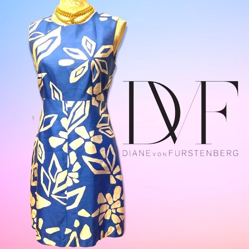 Diane Von Furstenberg Dress Womens 6 Blue Silk Abstract Floral Sleeveless